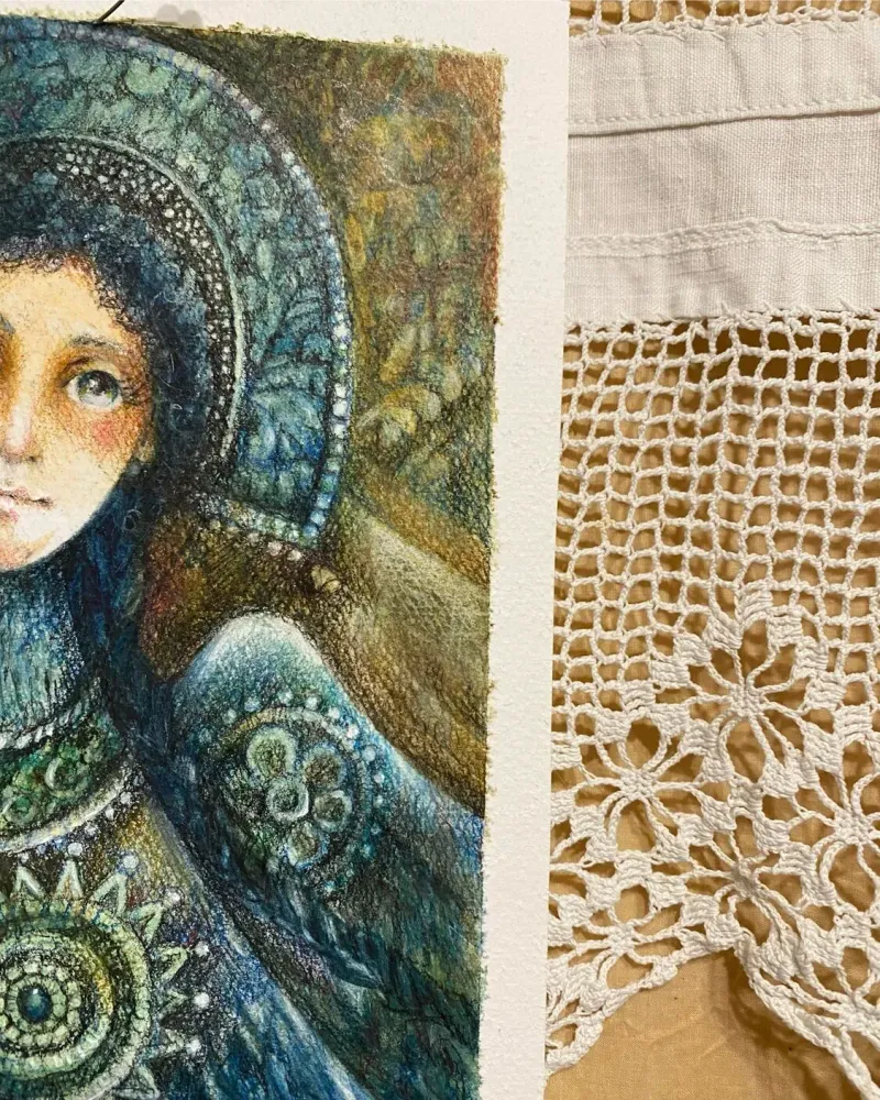 «Дева-птица», масляная пастель, в раме 24×18 см