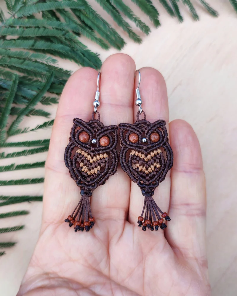 Серьги макраме «Совы» — Тёмно-коричневые