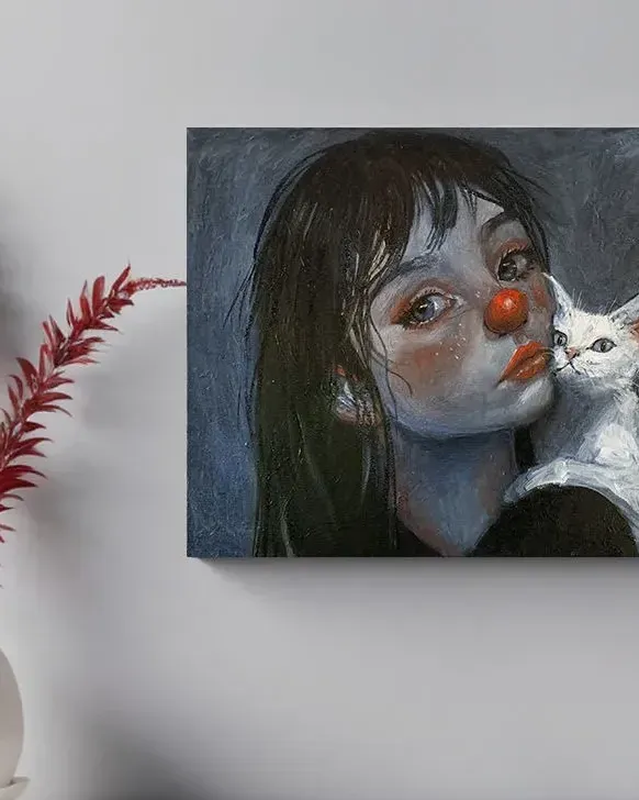 Юная клоунесса с котом. Картина маслом 30×40 см — 30×40 см