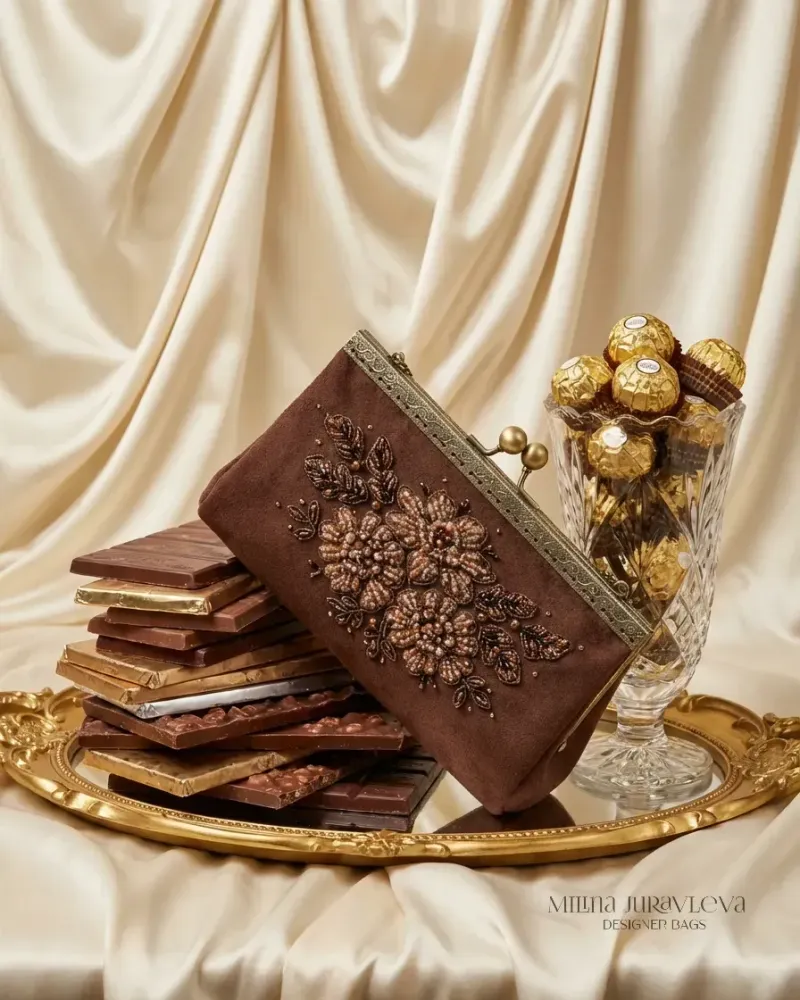Клатч «Chocolate» с кружевной вышивкой, коричневый — Коричневый