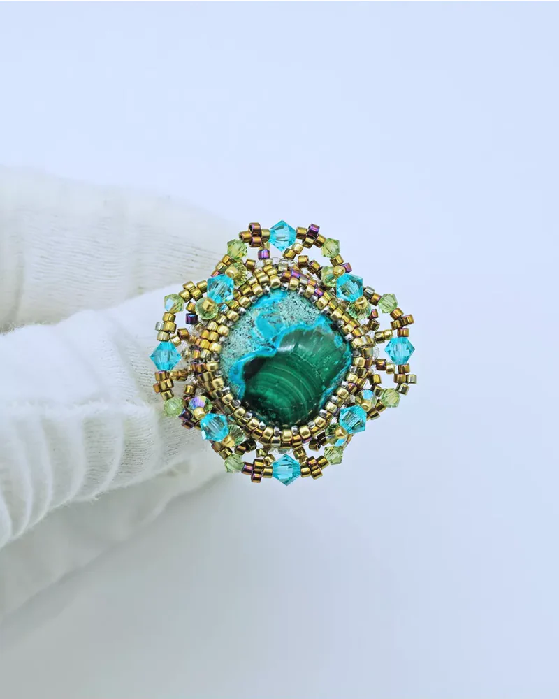 Авторское кольцо с хризоколлой и Swarovski