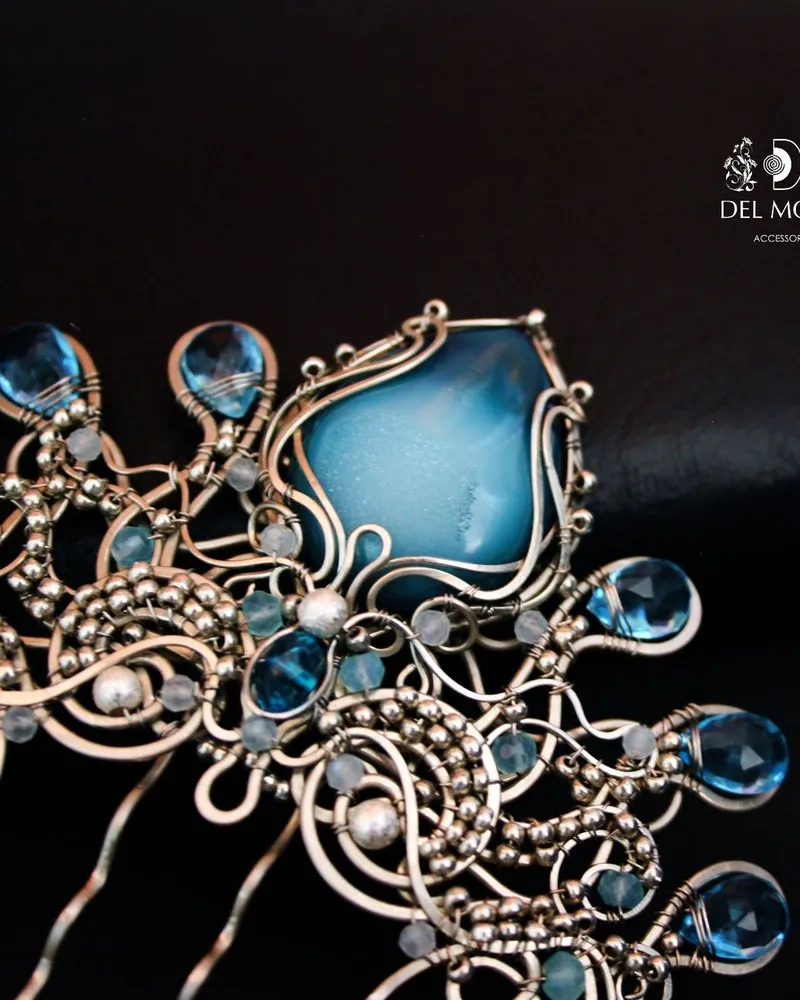 Гребень корона свадебный с камнями голубой "Mermaid crown"