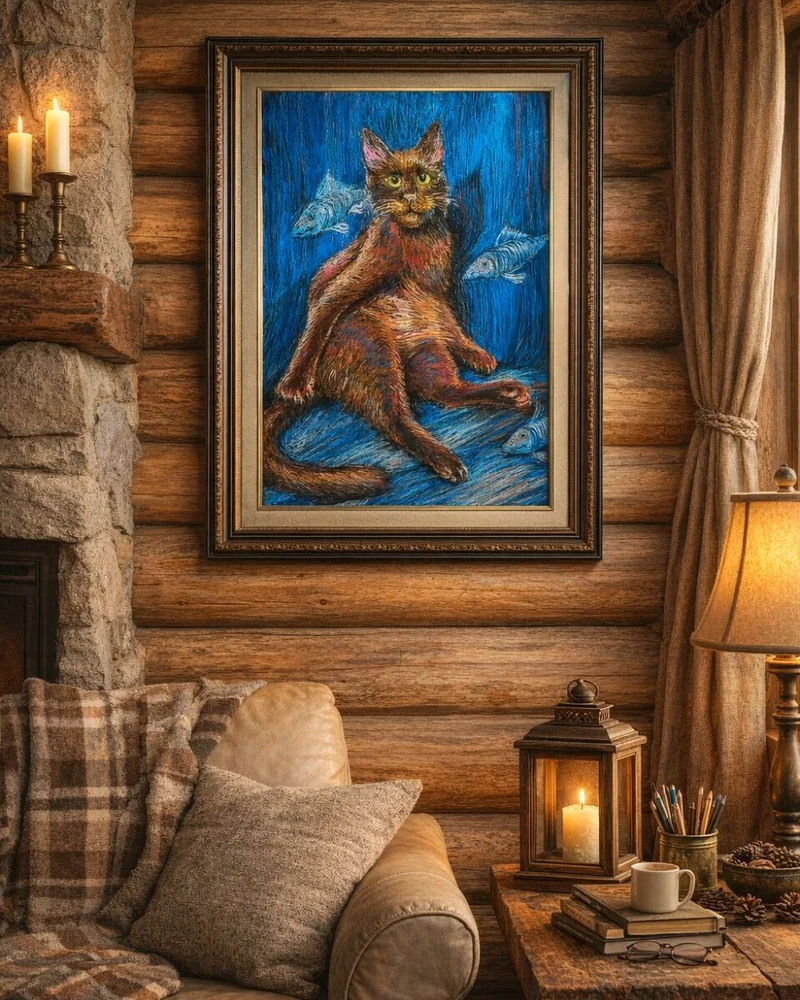 Картина сухой пастелью "Бабушкин кот", 50*70см