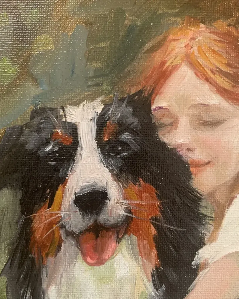 Девочка с собакой. Картина маслом 20×20 см — 20×20 см