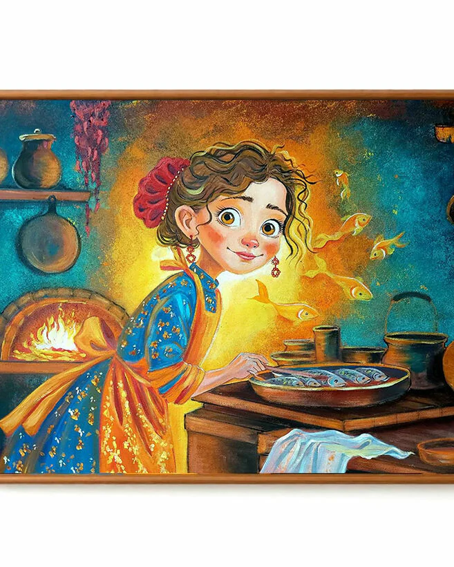 Картина маслом «Казачка у печи». Казачка жарит селёдку