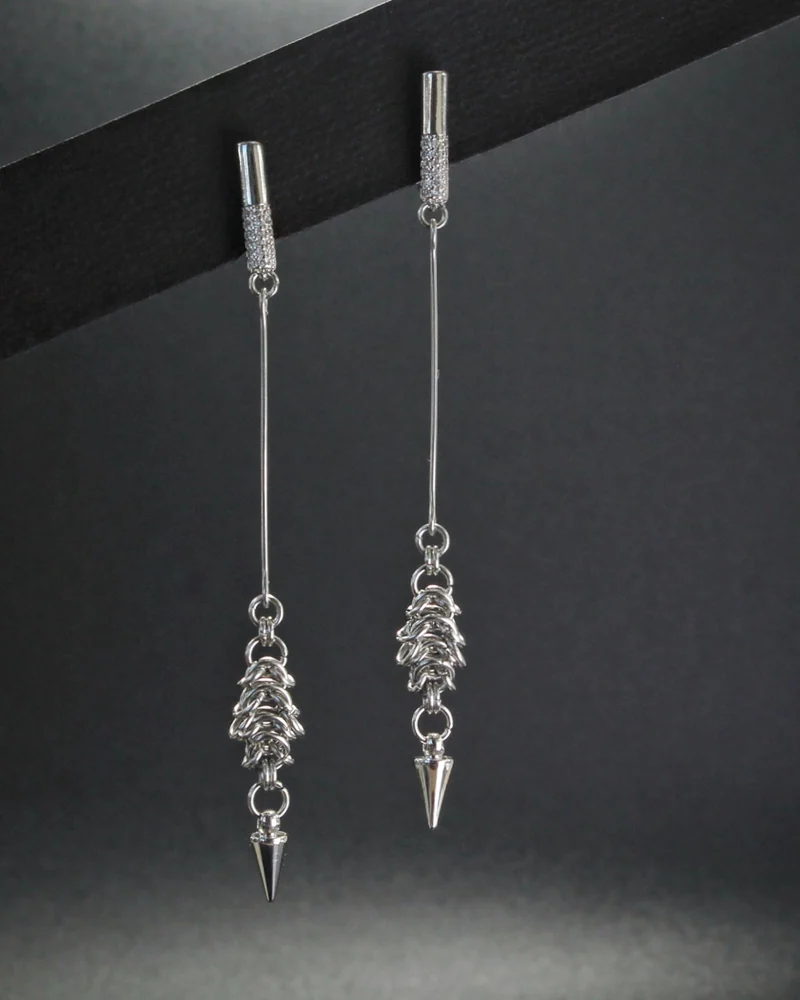 Стильные длинные серьги "Steel chains" — серебряные — Основной