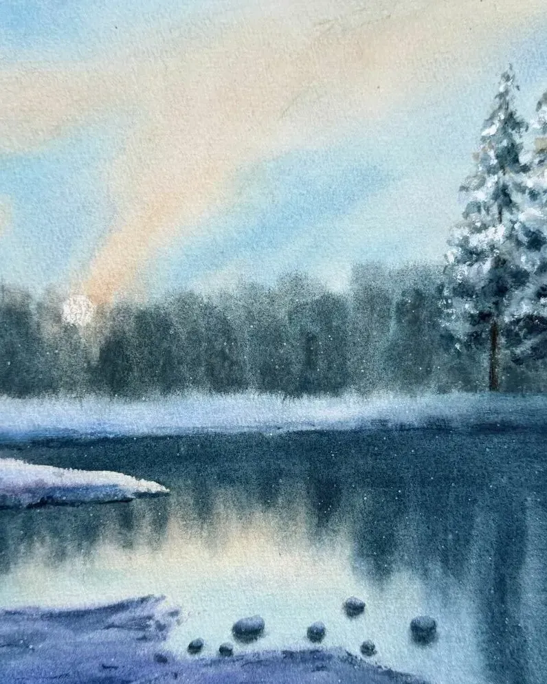 Зимний пейзаж с рекой. Акварель — 30×42 см