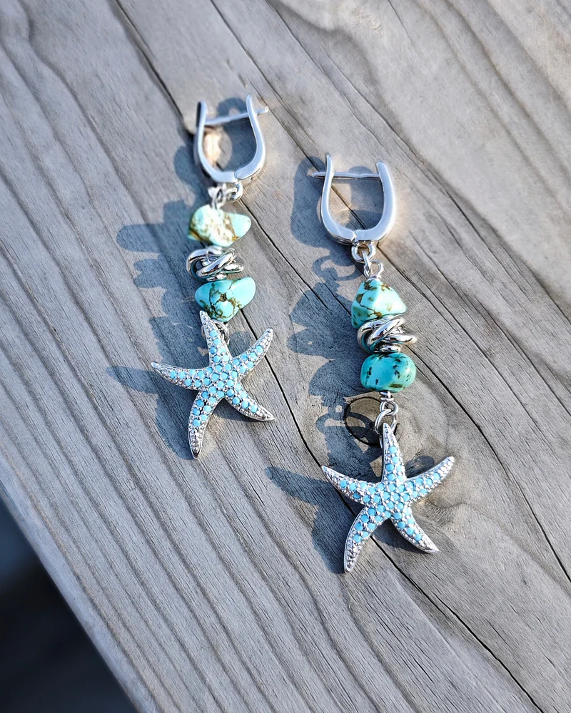 Серьги к морскому комплекту с турквенитом и яшмой