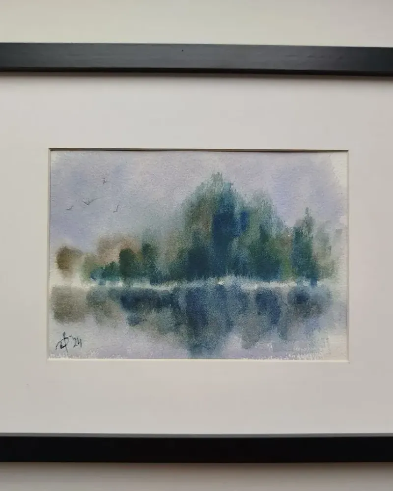 Пейзаж с отражением. Акварель в раме — 13×19 см, в раме