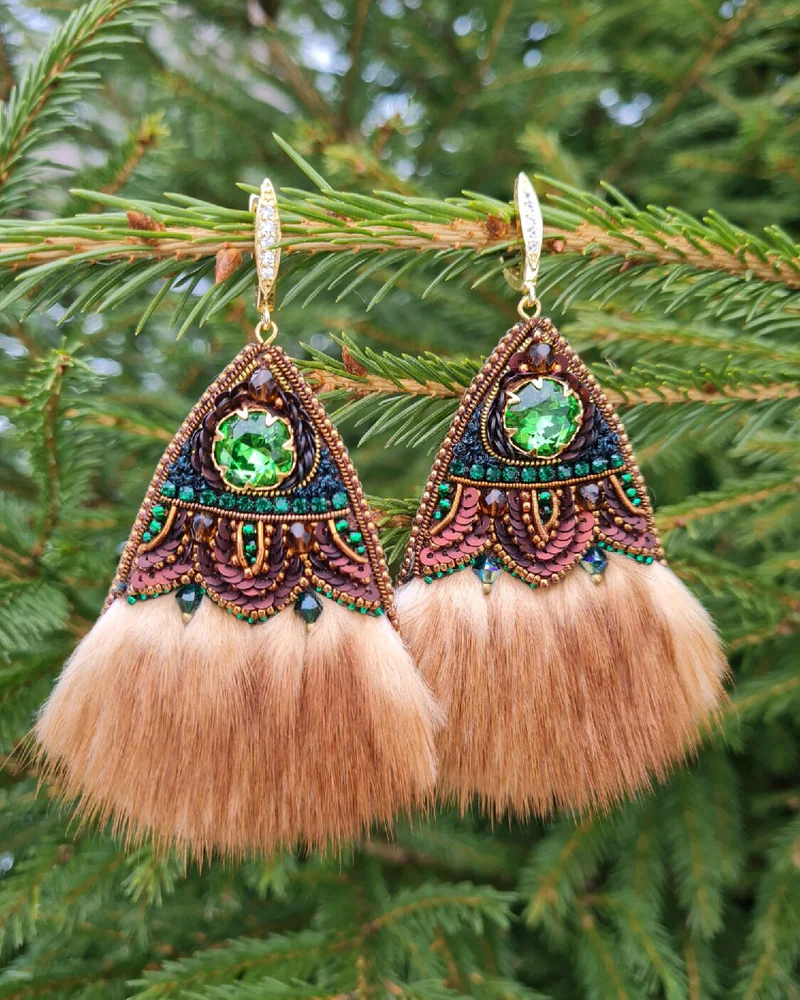 Серьги вышитые бисером,с натуральным мехом норки, мультиколор