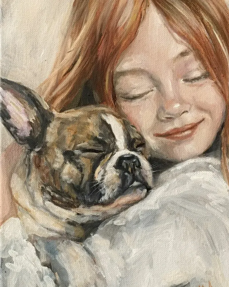 Девочка и французский бульдог. Картина маслом 20×30 см — 20×30 см