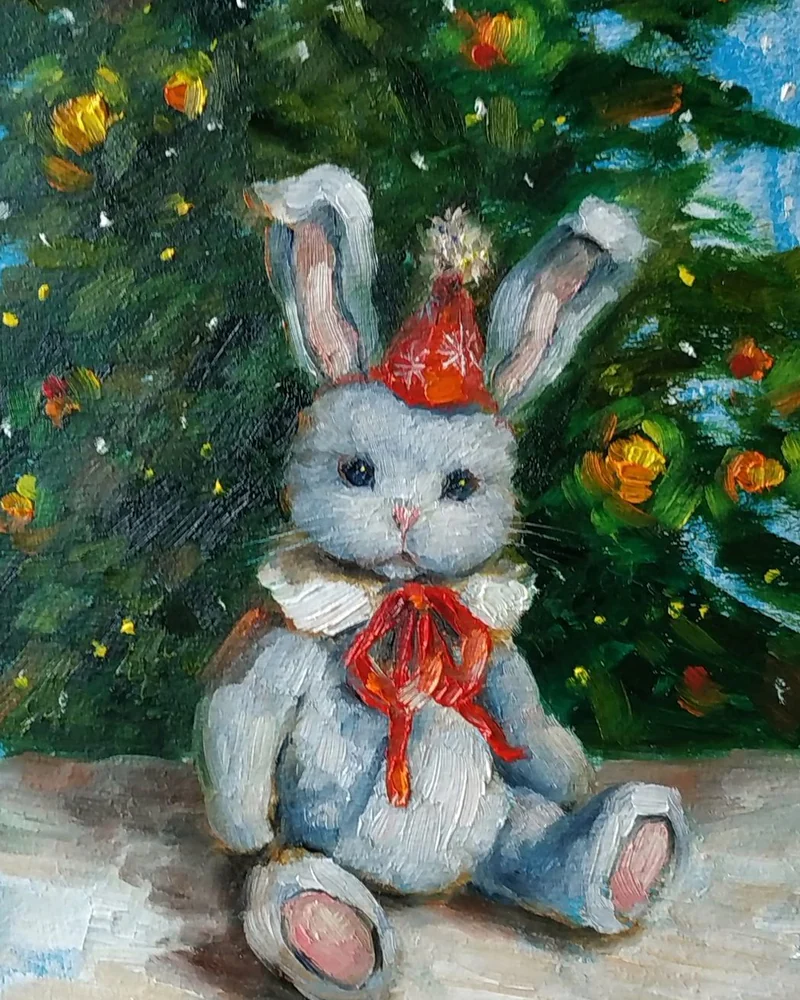 Новогодние зайки. Картины маслом