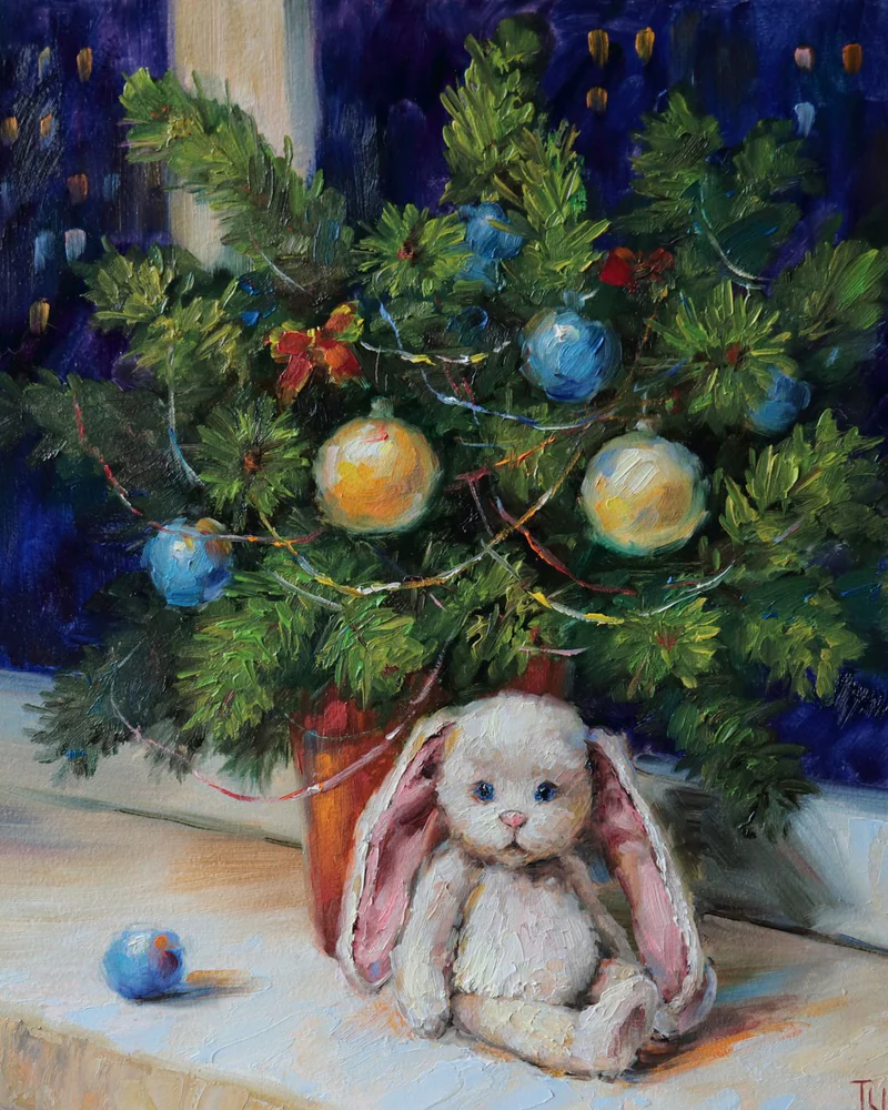 Новогодние зайки. Картины маслом