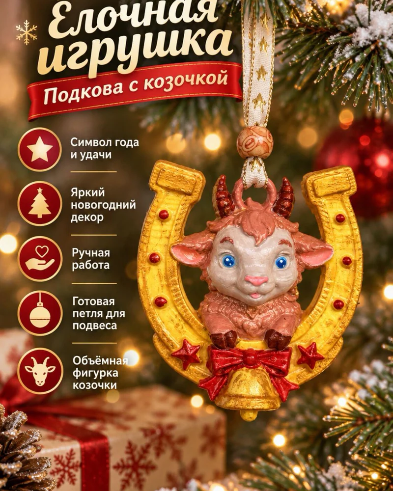 Ёлочная игрушка «Подковка с козочкой» — Золотая подкова