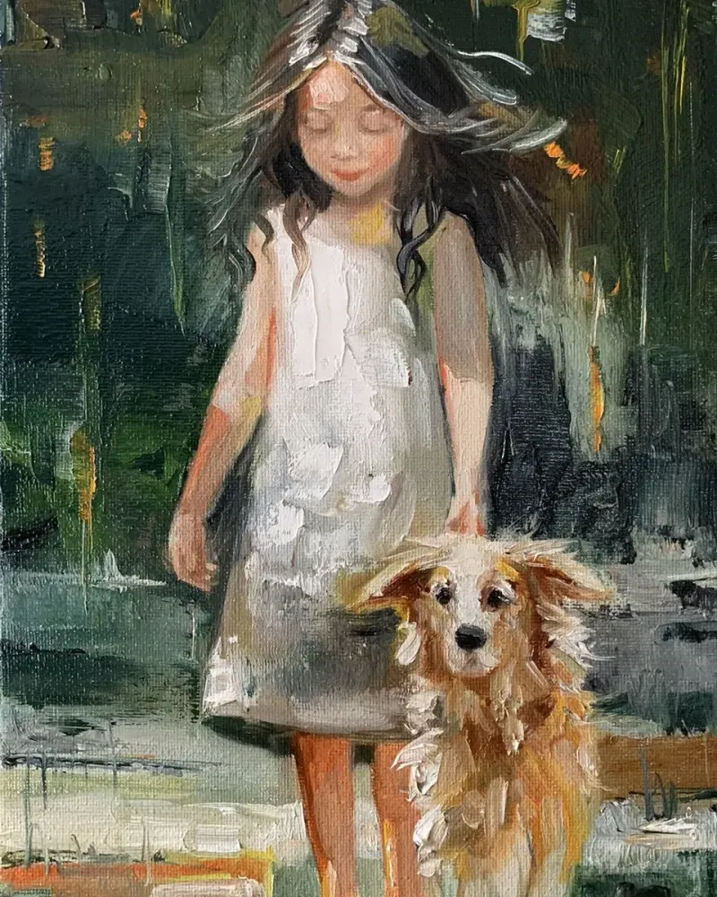Девочка и её пёс. Картина маслом 20×30 см — 20×30 см