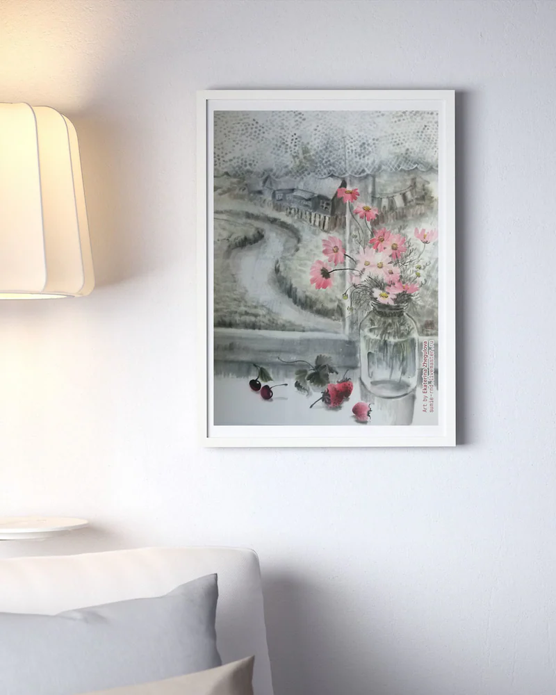Картина Деревенские зарисовки 50x70 космеи розовый дождь