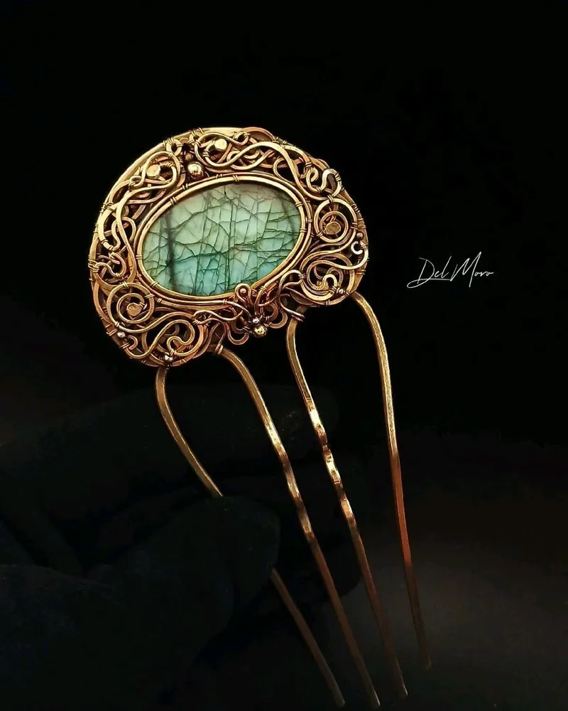 Гребень «Antique Mirror» с камнем — Зелёный, Лабрадорит 1