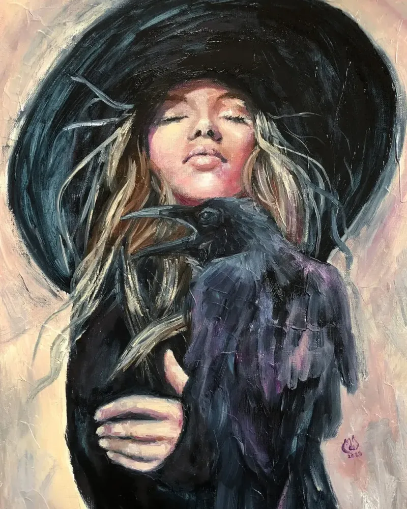 Девушка и ворон. Картина маслом 35×50 см — 35×50 см