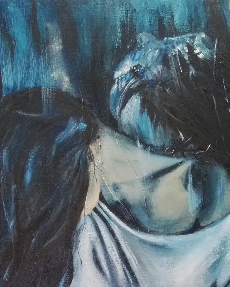 Девушка и ворон. Картина маслом 40×35 см — 40×35 см