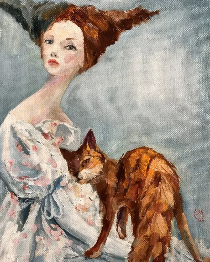 Девушка и кошка. Картина маслом 30×40 см — 30×40 см