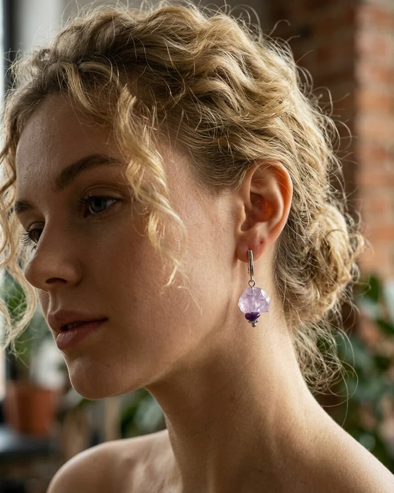 Серьги классические из кварца и аметиста. Сила стихии — фиолетовые