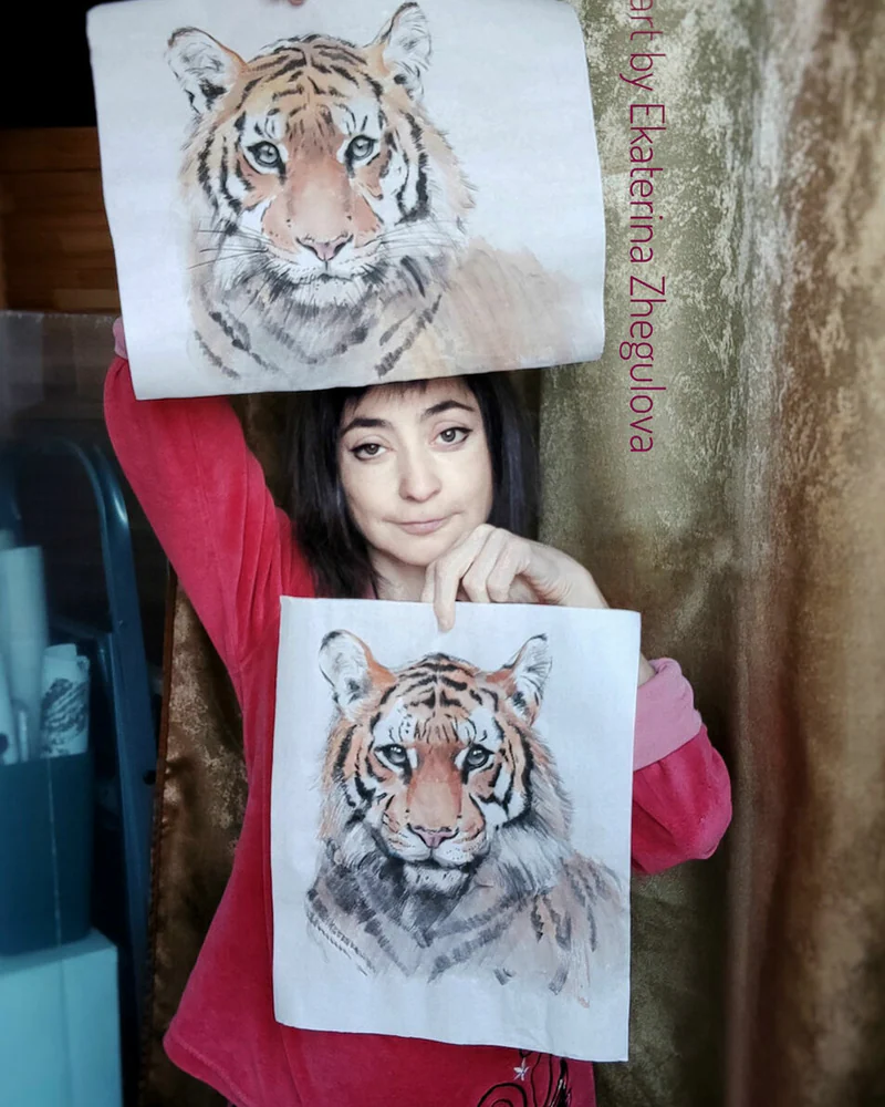 Портрет тигра суми-э, 34×29 см