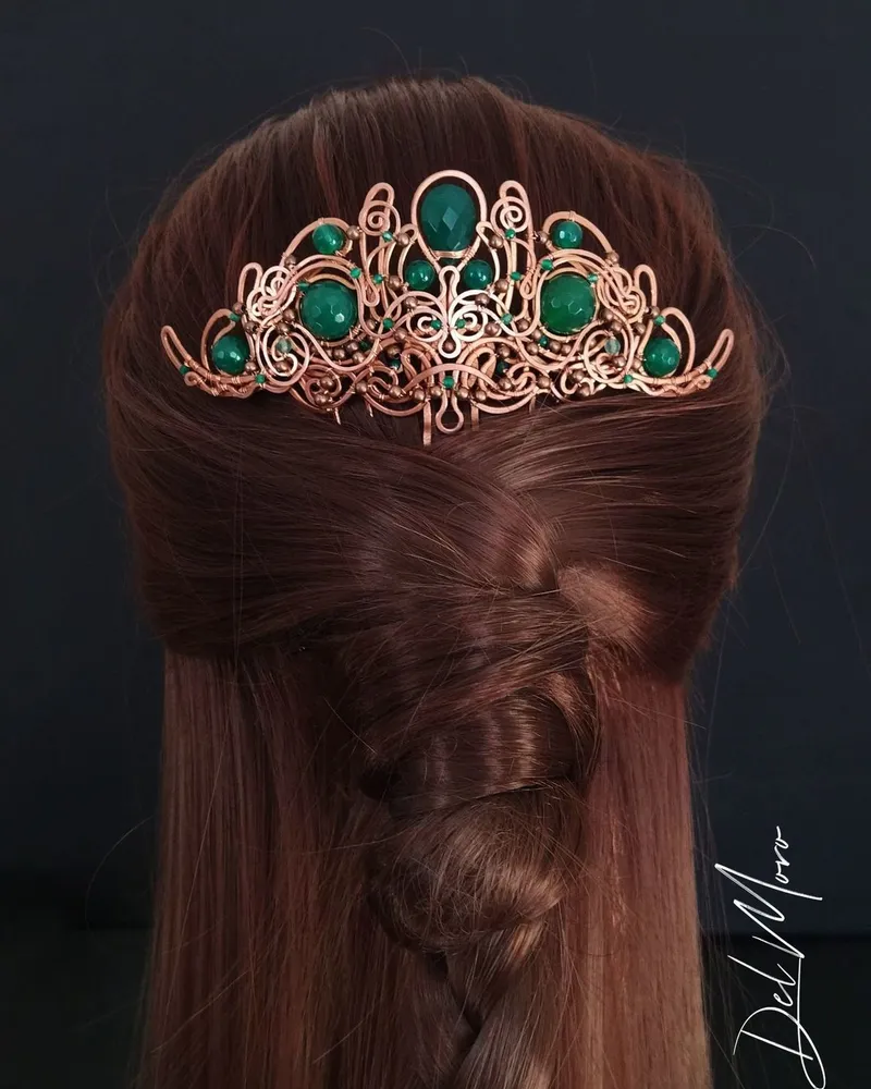 Гребень для волос с камнями зеленый "Mermaid"