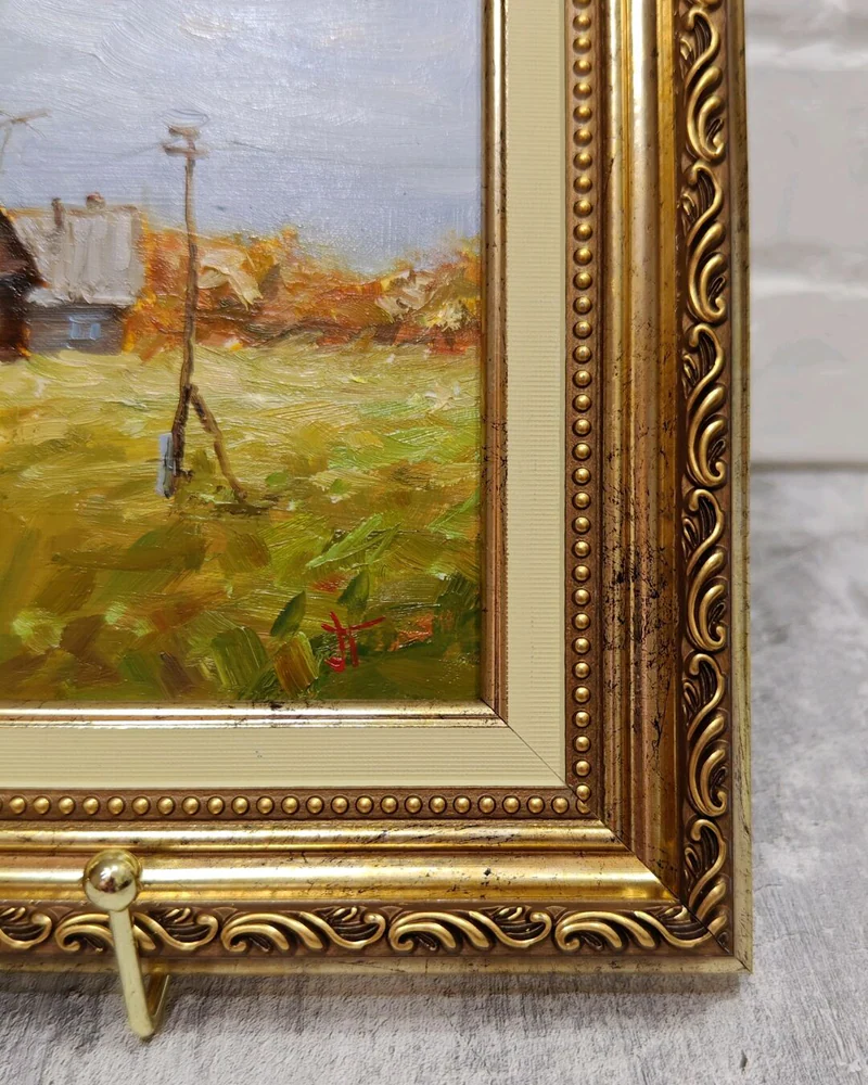 Деревенский осенний пейзаж с домикам Картина в раме