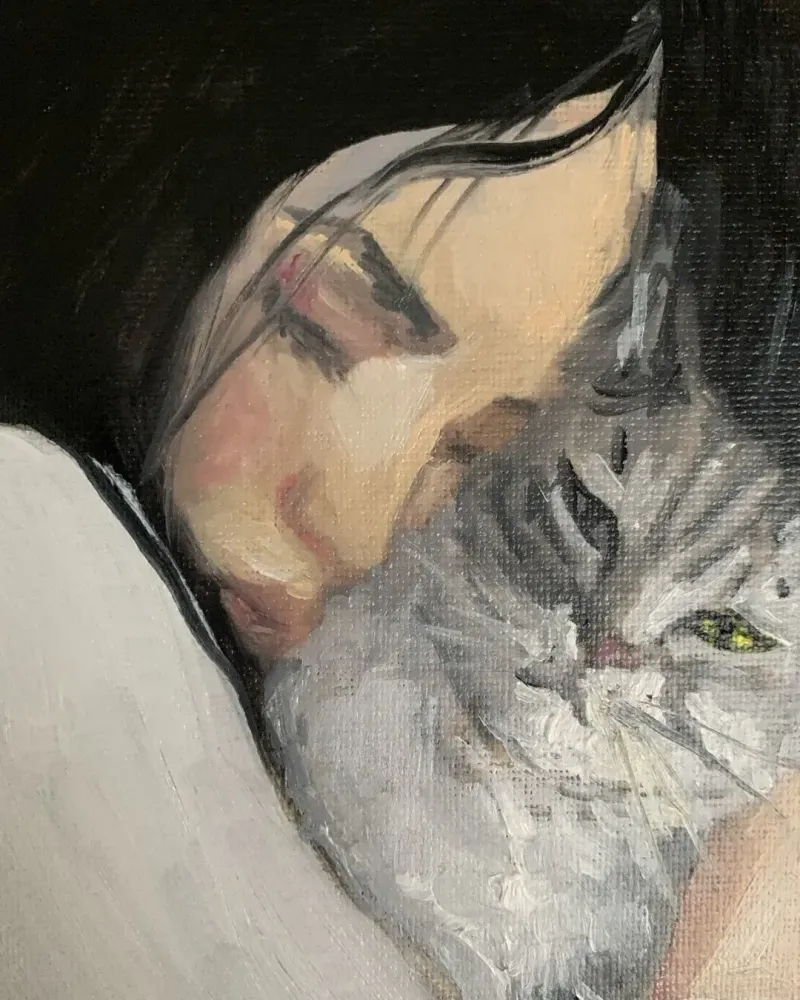 Девушка и кот. Картина маслом 23×29 см — 23×29 см