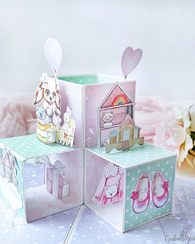 Объемная 3D Pop-up открытка Кубики для девочки