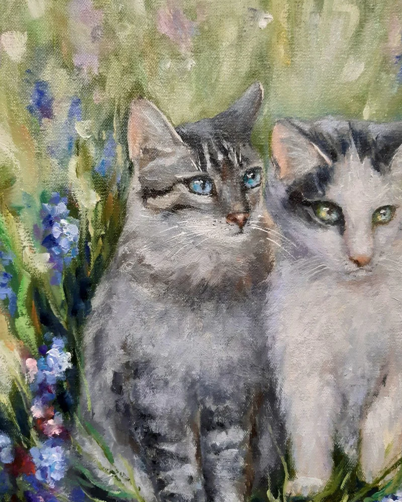 Картина с котами Друзья на летней лужайке