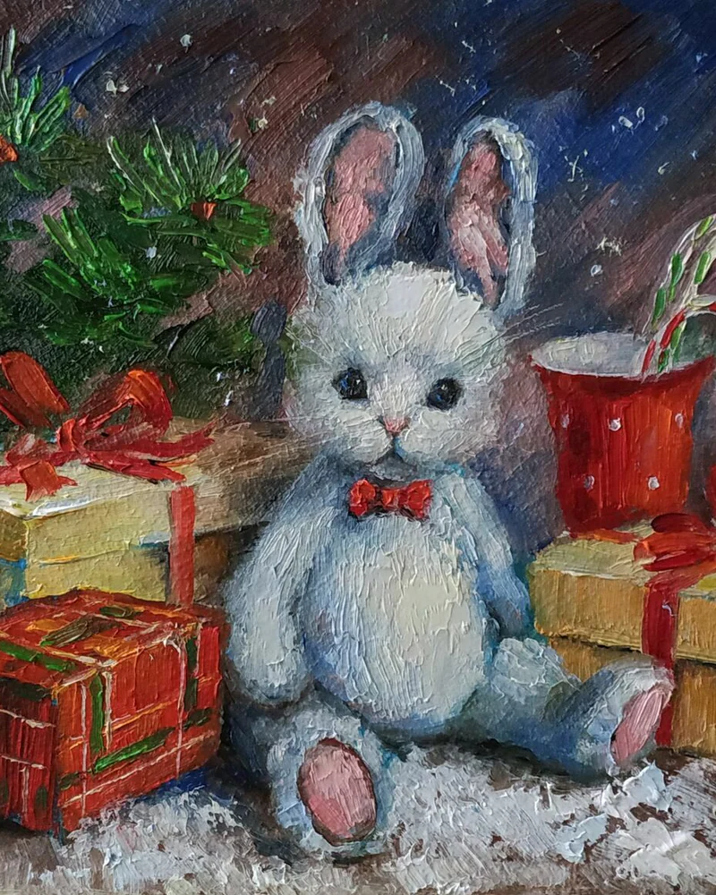 Новогодние зайки. Картины маслом