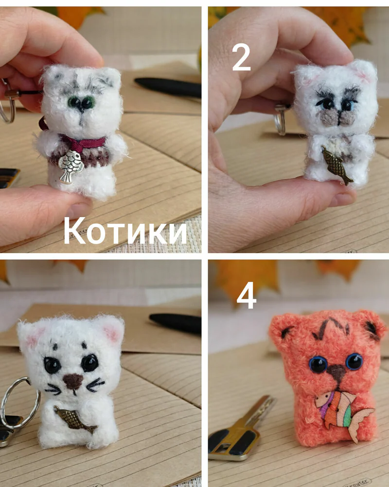Миниатюрная вязаная игрушка белый котик, рыжий кот