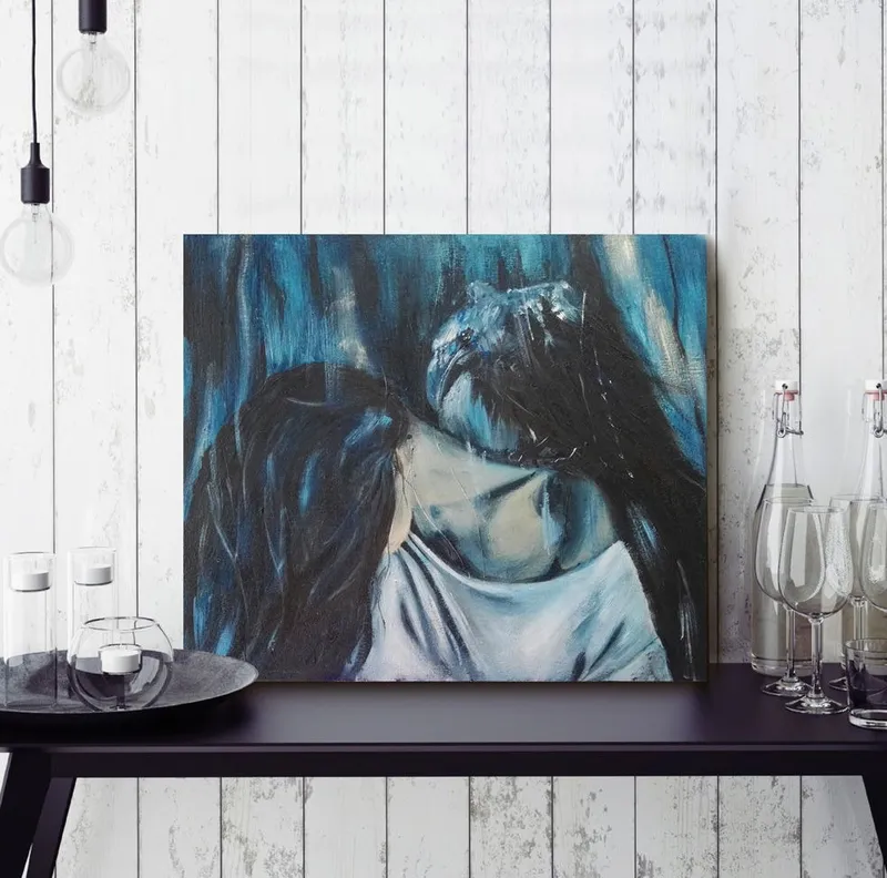 Девушка и ворон. Картина маслом 40×35 см