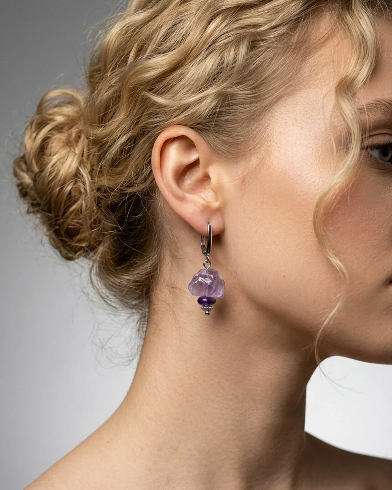 Серьги классические из кварца и аметиста. Сила стихии — фиолетовые