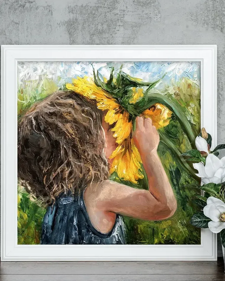 Девочка с подсолнухом. Картина маслом 40×40 см — 40×40 см