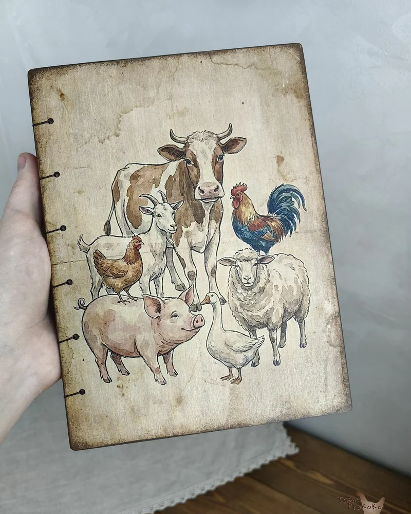 Деревянный блокнот А5 «Farm animals» с коптским переплётом — Farm animals