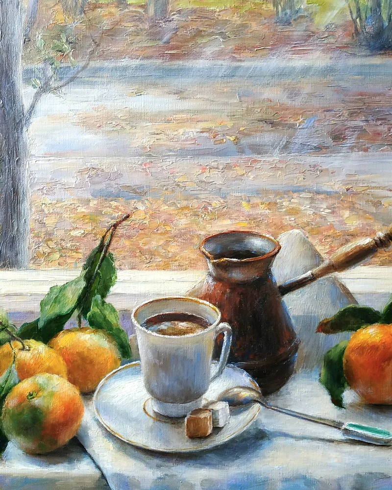 Кофе и мандарины картина маслом на холсте