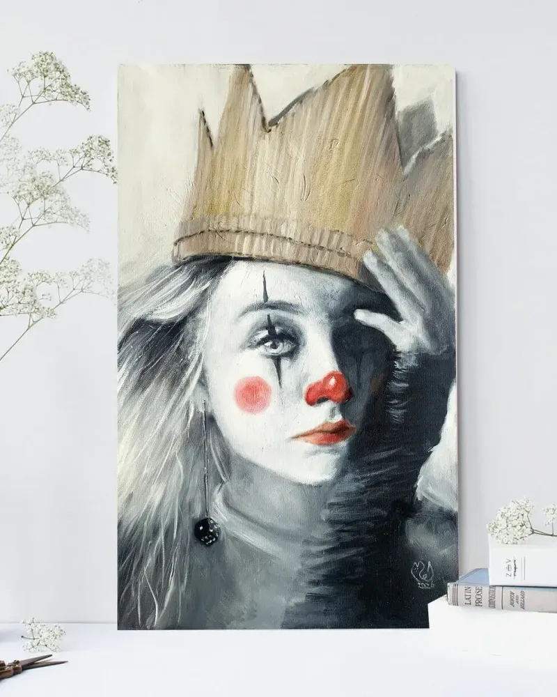 Корона. Женский портрет клоунессы. Картина маслом 30×50 см — 30×50 см