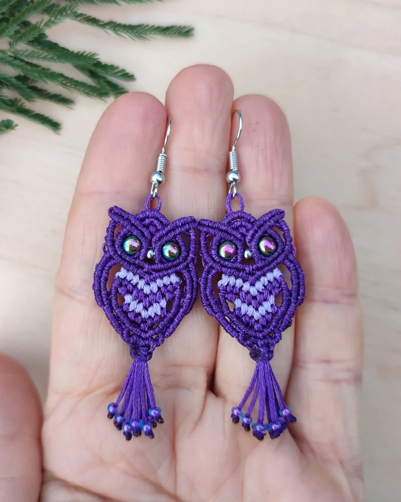Серьги макраме «Совы» — Фиолетовые