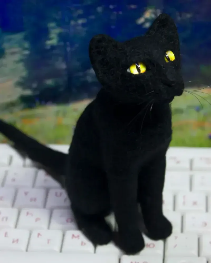 Чёрная кошка, игрушка из шерсти — Основной