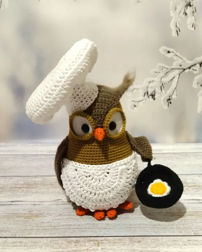 Вязаная игрушка сова повар, мягкая игрушка ручной работы,14+