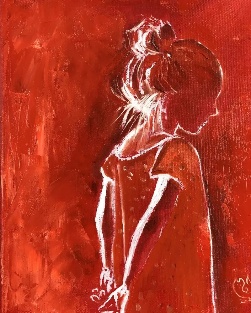 Девочка на красном фоне. Картина маслом 18×24 см — 18×24 см