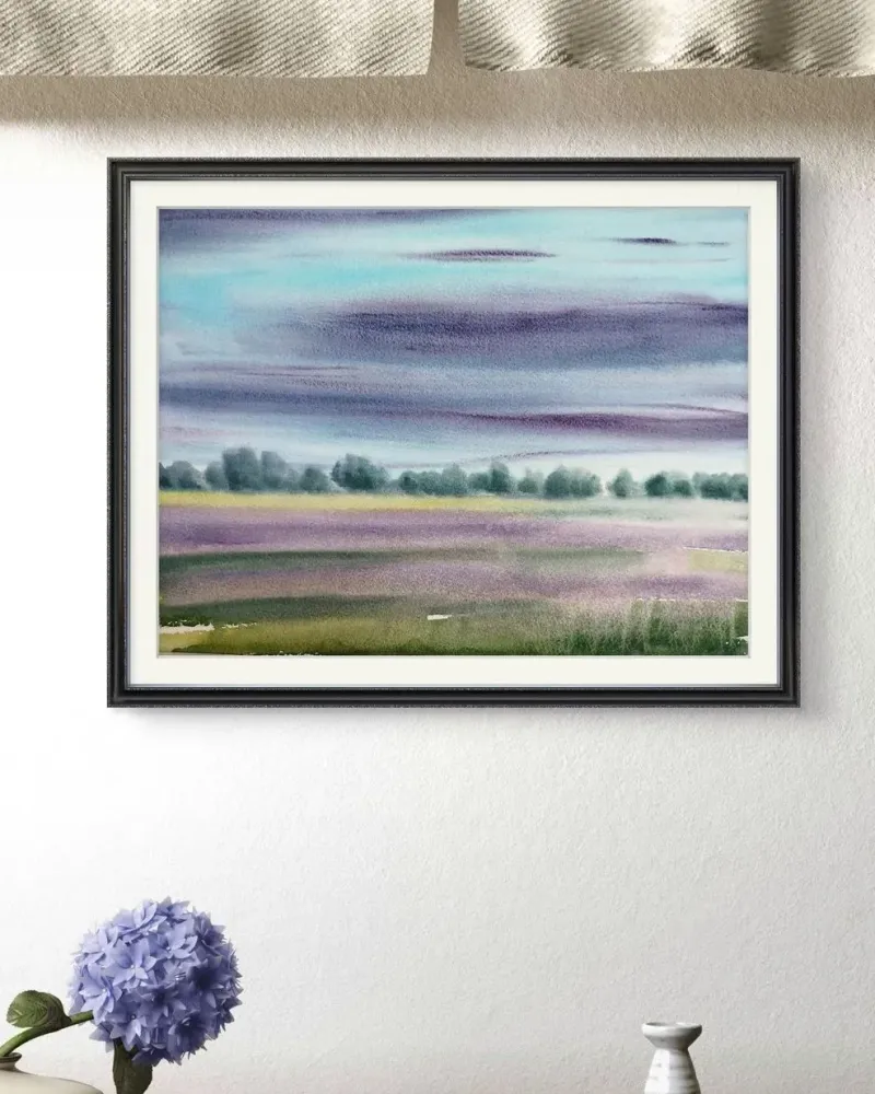 Лавандовые поля. Туман, акварель — 30×40 см