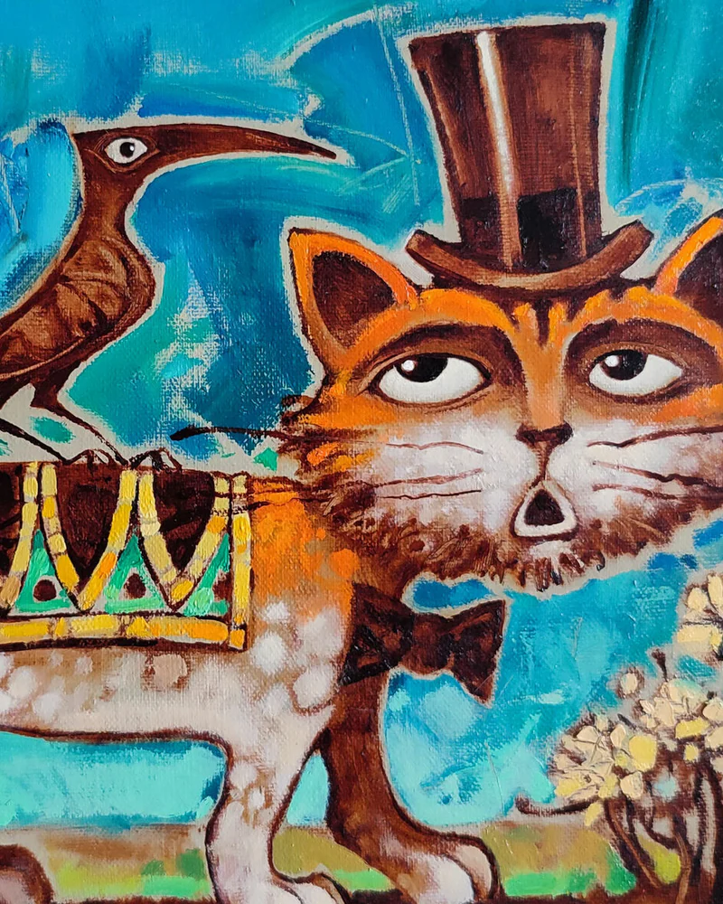 "Кот с птичкой", 30х45 см., холст, масло, 2022г
