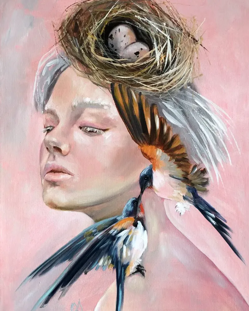 Девушка с птицами. Картина маслом 35×50 см — 35×50 см