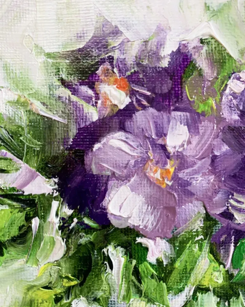 Фиалки в вазе. Картина маслом 20×20 см — 20×20 см