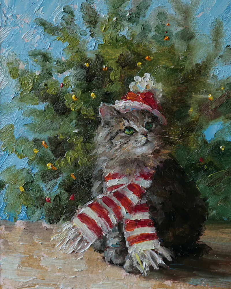 Новогодние котики. Картины маслом