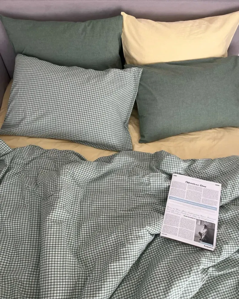 Постельное бельё из варёного хлопка, клетка, однотоны