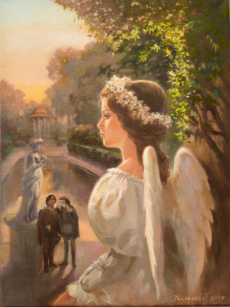 Картина маслом "Предчувствие. Джульетта на балу в костюме ангела" 40*30